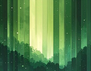 Vertical green stripes over a forest; a gradient light shines through the trees