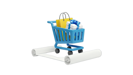 Shopping Cart with Gifts and Shopping Bags on a Checklist