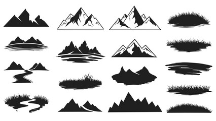 Collection of various mountain and grass silhouettes in black ink style. © art.Co