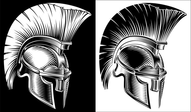 A greek spartan or trojan warrior soldier or roman gladiator helmet in a vintage woodcut style