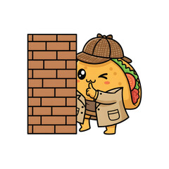 Taco spy character hiding behind a brick wall