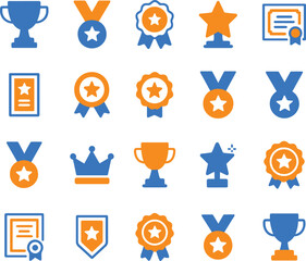 Award icon set prizes and medals blue and orange flat vector collection isolated on white background