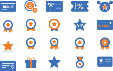 Bonus icon set blue and orange flat vector collection of loyalty program elements and rewards