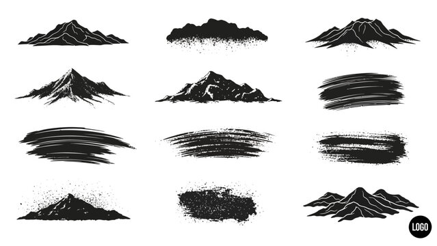 Set of black and white mountain illustrations and brush strokes.