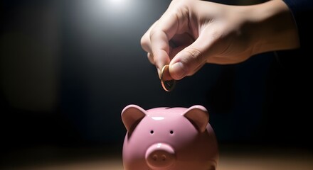 A hand inserting a coin into a pink piggy bank on a soft surface