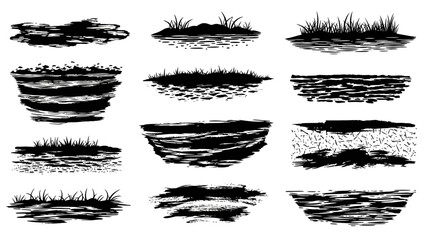 Set of various hand drawn grass and soil textures in black and white.