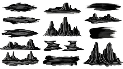 Set of various hand drawn rock formations and brush strokes.