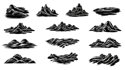 Set of various hand-drawn mountain ranges and rock formations in black and white.