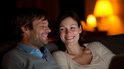 A couple shares a joyful evening at home, exchanging smiles and laughter while relaxing on the couch. The warm glow of candlelight creates a romantic atmosphere