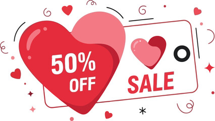Festive digital graphic promoting a significant fifty percent off sale event with charming hearts and modern abstract design elements ideal for marketing.