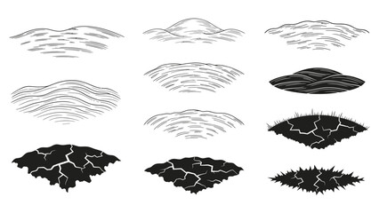 Set of various soil and ground textures in different styles.