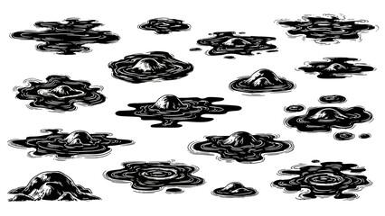 Set of various mud puddles and splashes, black and white illustration.