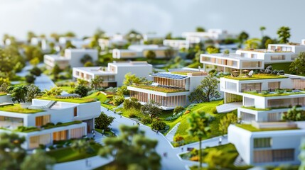 An illustrative 3D model of a solar panel field with futuristic energyefficient buildings in the background  ,minimalist