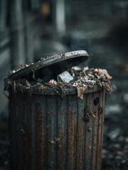 Close up of an overflowing rusty metal trash can with smoke and scraps of garbage in a dark alley. Cinematic shot of urban waste, pollution, and environmental decay concept.