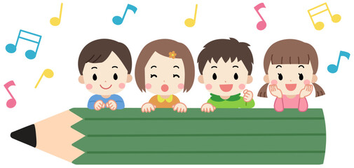 大きな鉛筆フレームと子供たちのイラスト