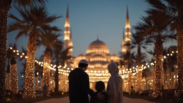 Muslim family with father, mother, and child standing before a grand illuminated mosque at twilight, spiritual journey and religious celebration during Ramadan or Eid festival
