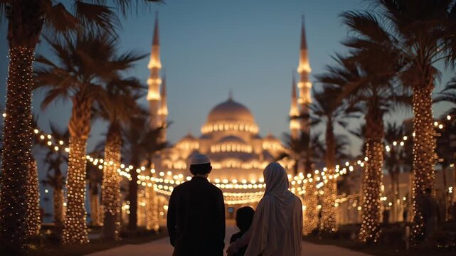 Muslim family with father, mother, and daughter looking at illuminated grand mosque at twilight, peaceful evening walk and religious tourism for ramadan or eid celebration