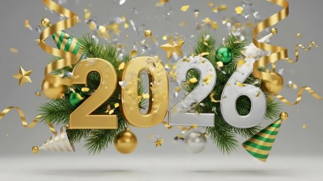 Animated 2026 gold and silver number with glitter and confetti for New Year celebration greeting card on grey studio background