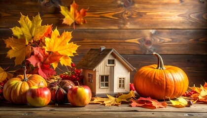 Autumnal Still Life with Pumpkins, Apples, and Maple Leaves.