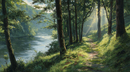 Obraz premium Serene woodland path winding through lush green trees alongside a calm river with sunlight filtering through leaves