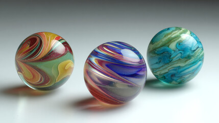Obraz premium Set of three colorful glass marbles with swirling patterns and textured surfaces
