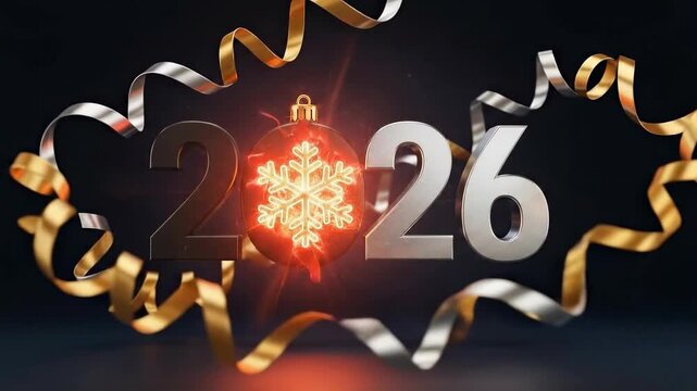 Glowing 2026 numbers with changing snowflake ornament and metallic confetti streamers for new year celebration.