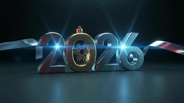 Animated 2026 title with festive ornament and ribbon for New Year event intro. Christmas and greeting card backdrop.