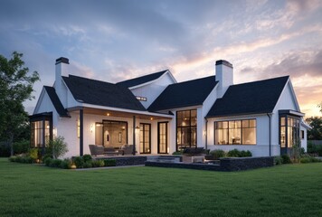 Modern residential building exterior with large windows and open lawn at sunset