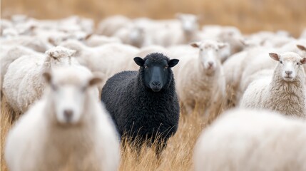A black sheep calmly grazing in a pasture of white sheep, representing diversity, nonconformity, and standing out from the crowd. 