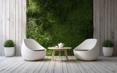 Modern relaxation space with white chairs tea table and green wall