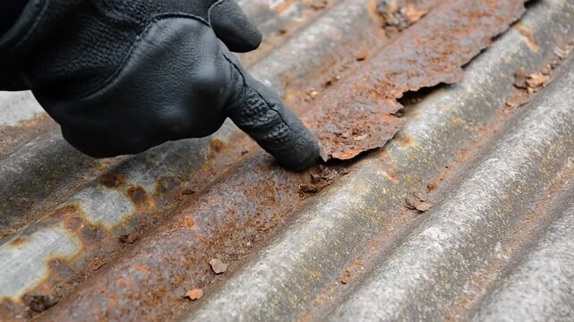 Gloved Hand Pointing at Severe Rust Damage on Old Corrugated Metal Roof. Inspection Concept