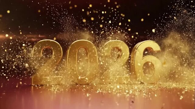 Golden 2025 changing to 2026 with an explosion of glitter and dust for celebration and new year concept