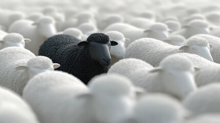 A black sheep pushing through a group of white sheep, showing concepts of leadership, courage, and uniqueness.