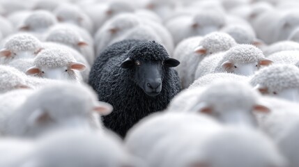 A black sheep pushing through a group of white sheep, showing concepts of leadership, courage, and uniqueness.