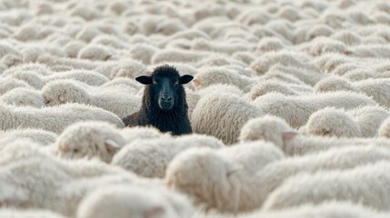 A single black sheep standing among a large flock of white sheep in an open grassy field, symbolizing uniqueness and individuality. 