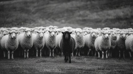 A single black sheep standing among a large flock of white sheep in an open grassy field, symbolizing uniqueness and individuality. 
