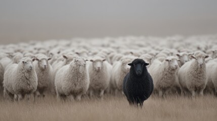 A single black sheep standing among a large flock of white sheep in an open grassy field, symbolizing uniqueness and individuality. 