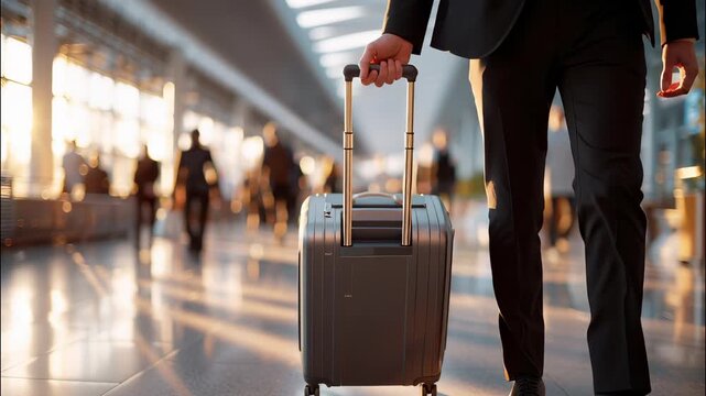 Professional businessman navigating airport terminal during sunset, rolling luggage in tailored suit, embodying corporate confidence video 4k