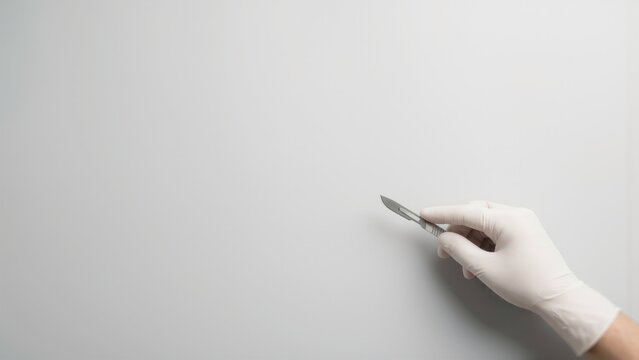 Gloved hand holding a surgical scalpel with a precise grip against a sterile white background with copy space