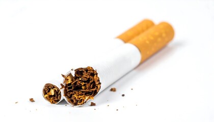 Close-up of a broken cigarette on a white background.