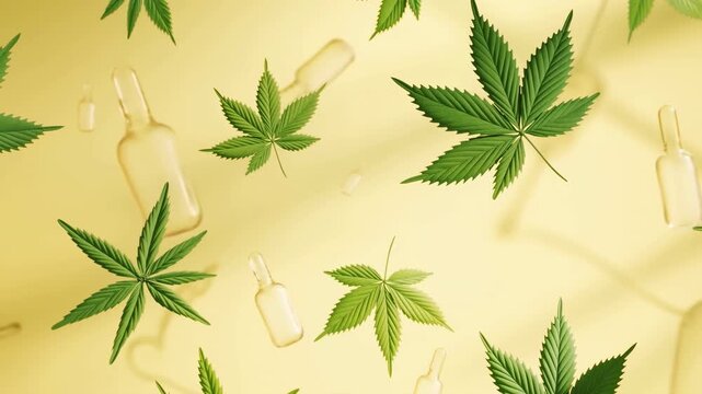 Cannabis Oil And Leaf Layout, Stylish Presentation Of Natural Wellness Oils With Botanical Elements