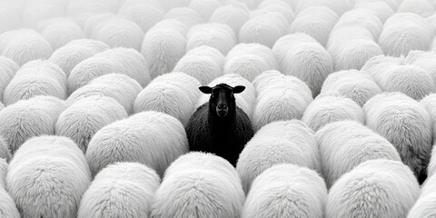 Conceptual composition: one black sheep framed between two rows of white sheep, visualizing being different. 
