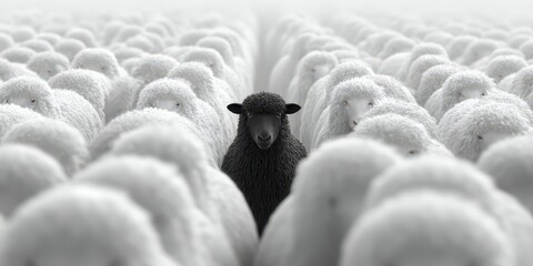 Conceptual composition: one black sheep framed between two rows of white sheep, visualizing being different. 