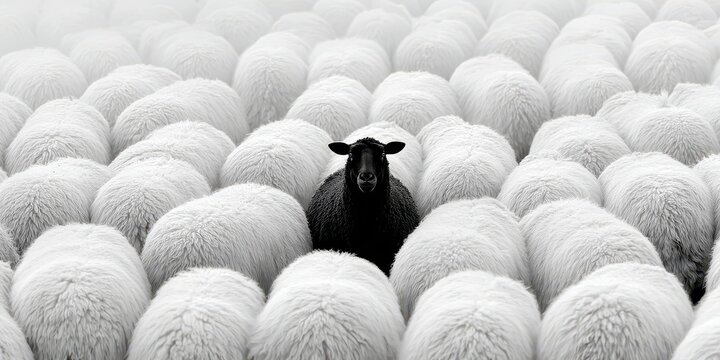 Conceptual composition: one black sheep framed between two rows of white sheep, visualizing being different. 