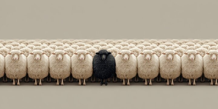 Conceptual composition: one black sheep framed between two rows of white sheep, visualizing being different. 