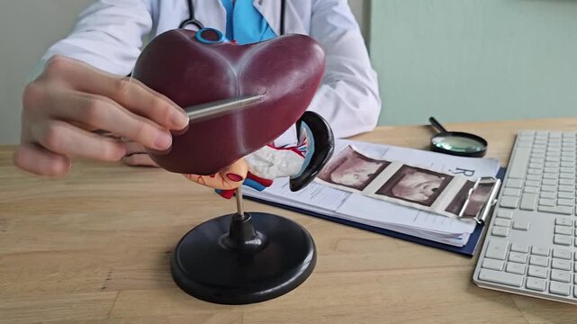 Understanding liver anatomy through a 3D model in a medical setting with a doctor discussing functions and health