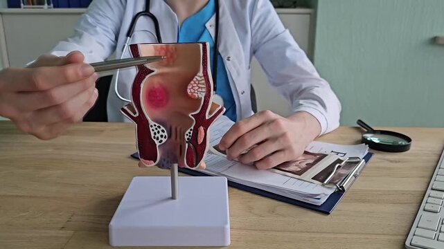 Doctor with model of human rectal anatomy and hemorrhoids in hospital, inflamed vascular structure 