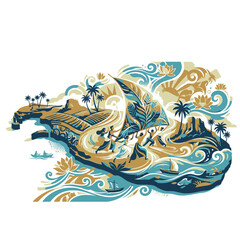 Sri Lanka Map Illustration with Traditional Sailing Boat, Tropical Palm Trees, Lotus Flowers, and Ocean Waves. Artistic Vector Travel Map of Ceylon for Tourism and Cultural Heritage Design