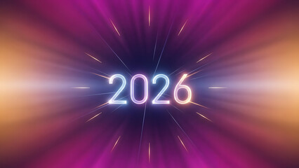 The year 2026 displayed in futuristic neon light on a vibrant background