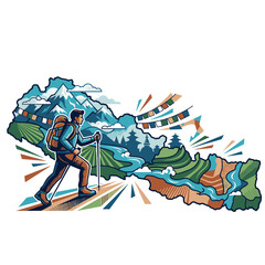 Nepal Map Illustration with Hiker, Himalayan Mountains, Everest Peaks, Prayer Flags, and Terraced Fields. Vector Travel Concept for Trekking, Tourism, and Nepalese Culture